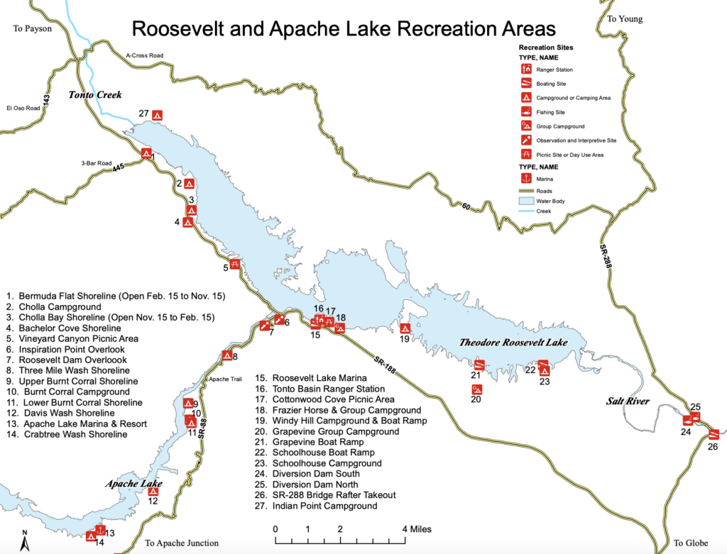 Map of Roosevelt and Apache Lake Recreation Areas with red squares marking locations of campgrounds.